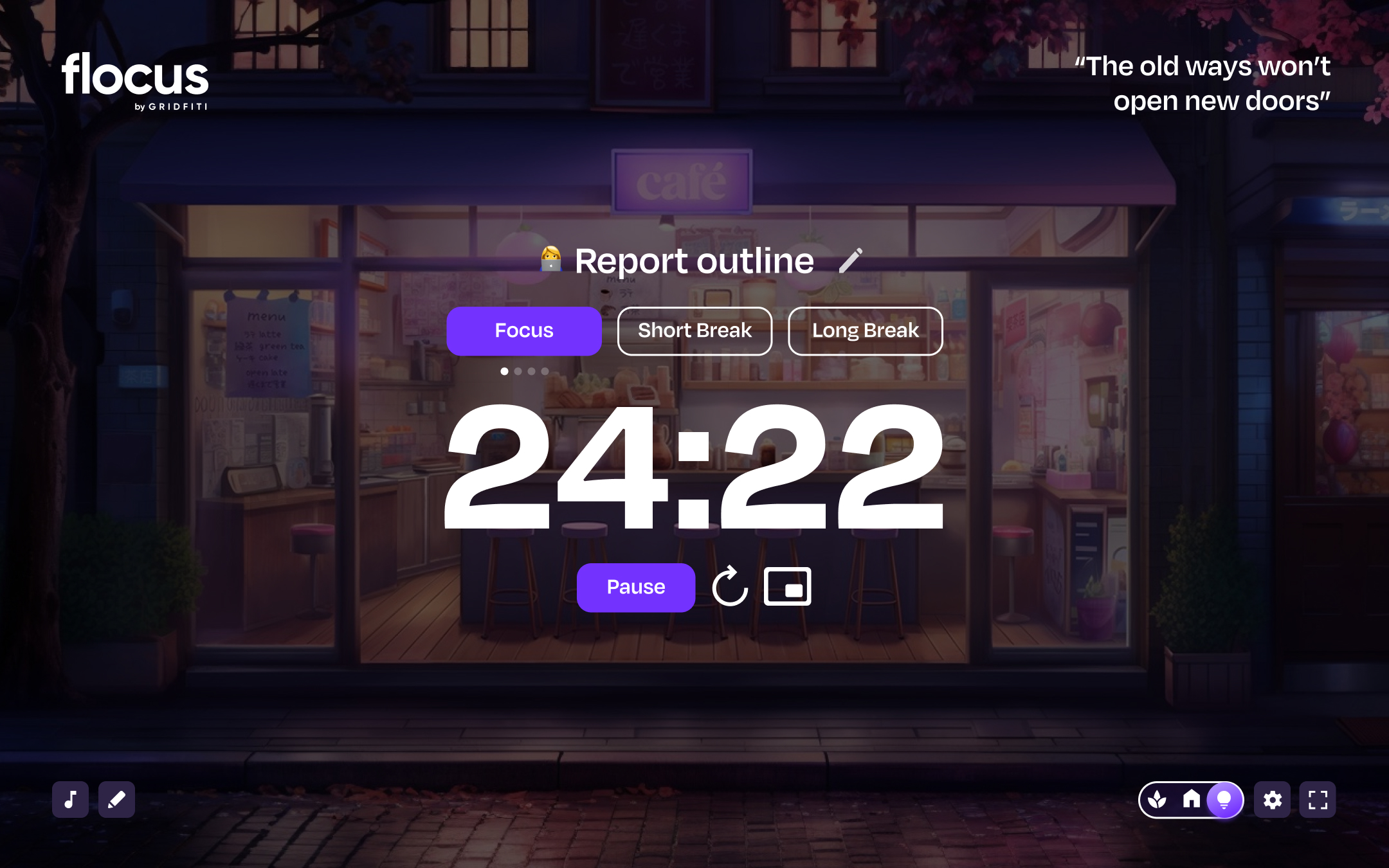 Focus stats dashboard, tasks and focus time broken down in to categories, with a historical graph below.