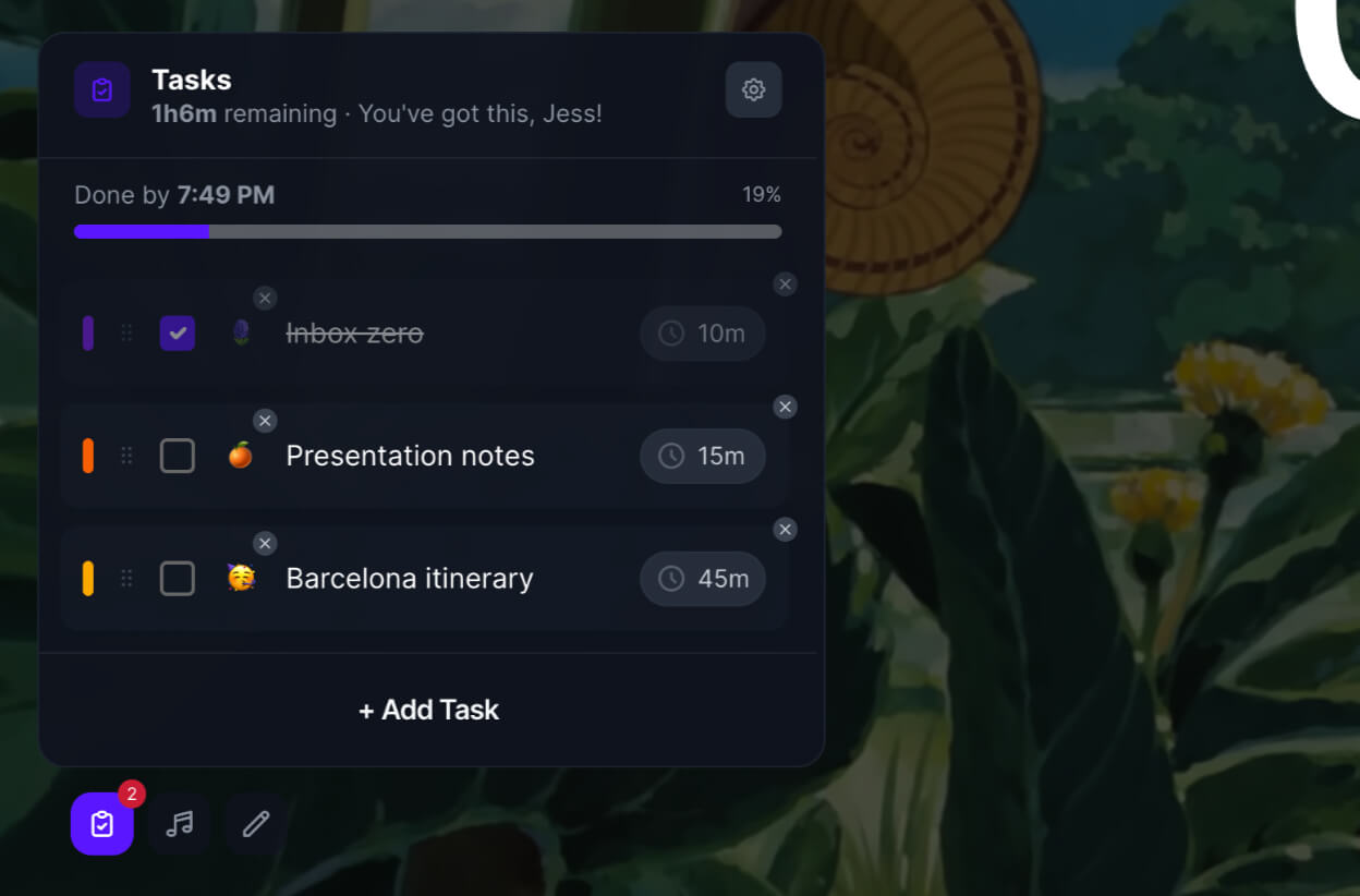 The Tasks widget in Flocus showing a checklist with progress bar and ETAs