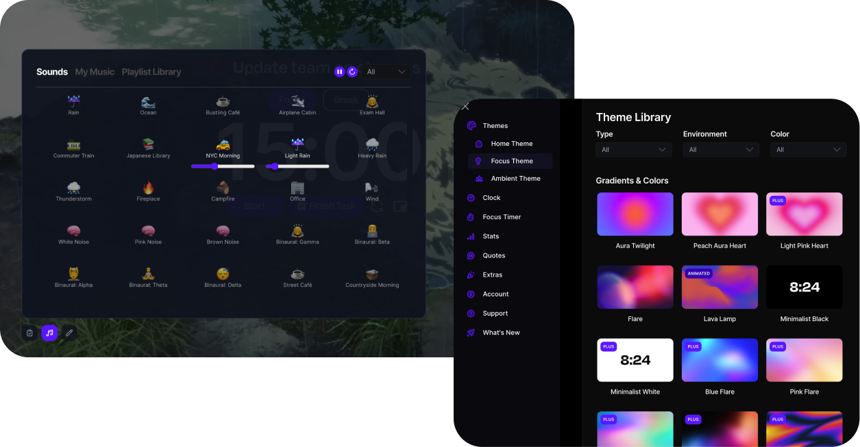 2 images from the Flocus Dashboard showing soundscape settings and theme selection