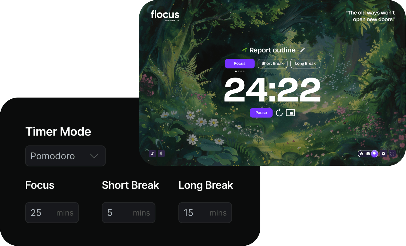 Flocus Timer Mode settings panel with Pomodoro selected alongside a Pomodoro session running on a forest theme