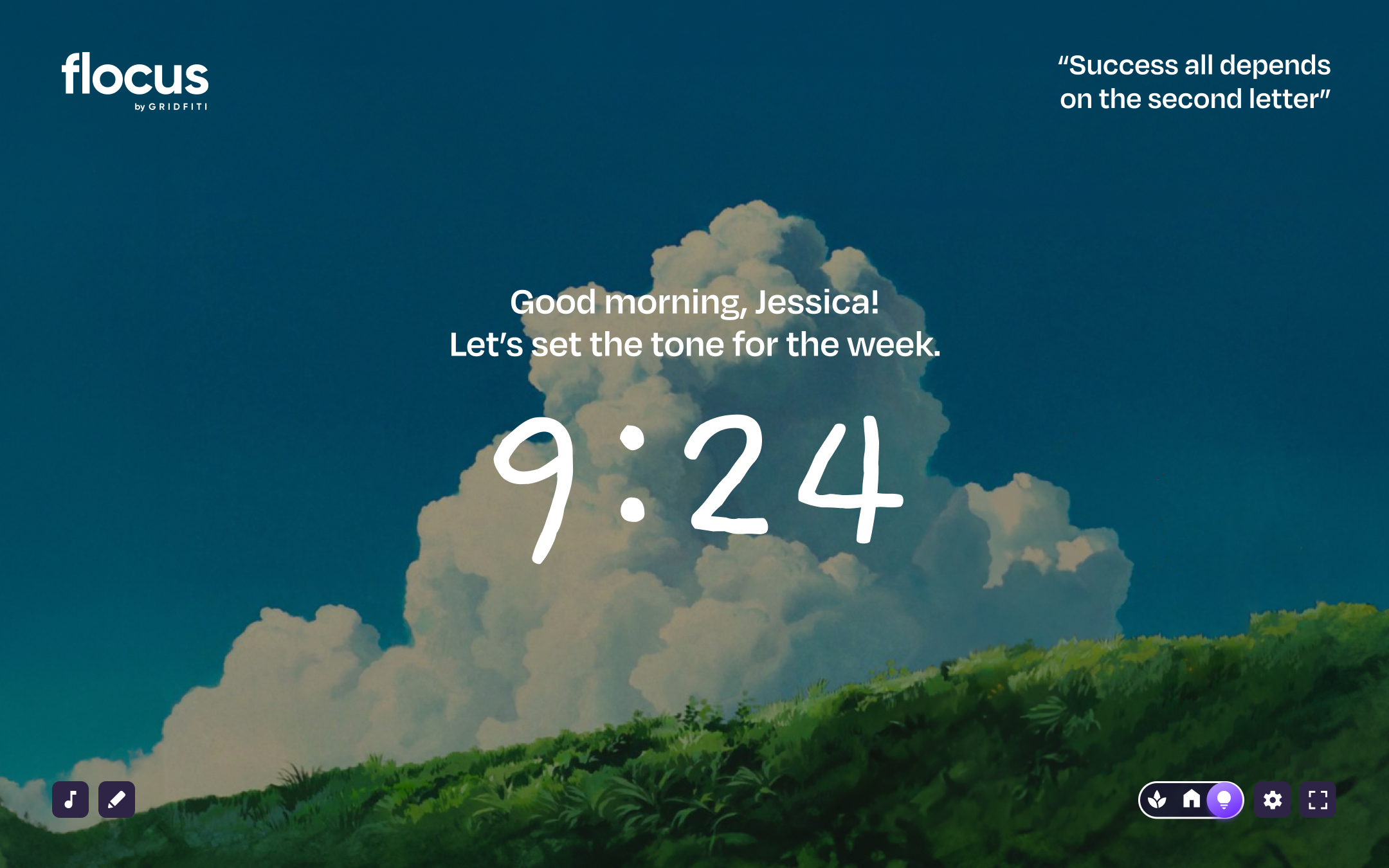 Flocus Dashboard in focus mode with running timer and task displayed.
