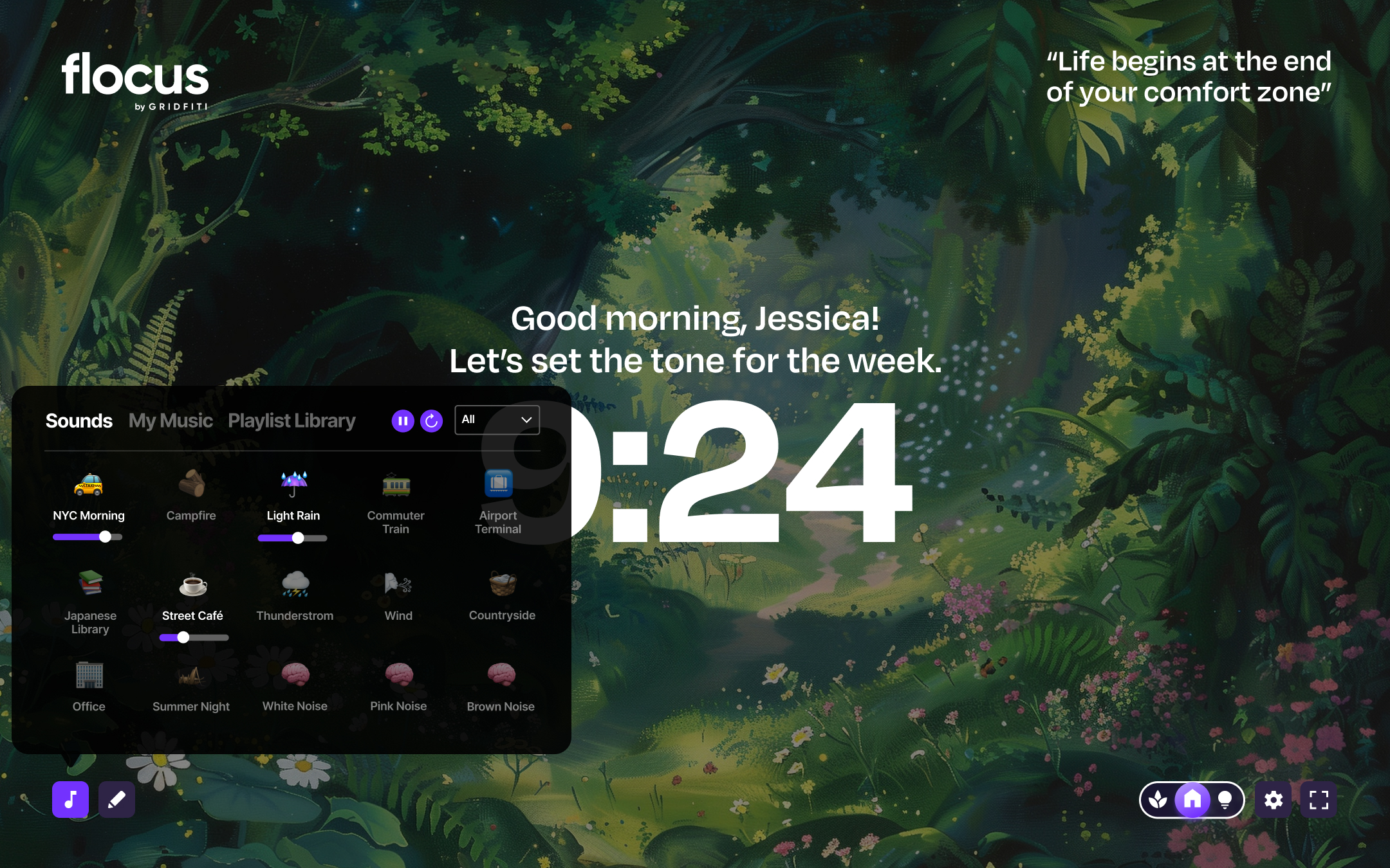 Soundscape options window with multiple sounds playing at different volume levels