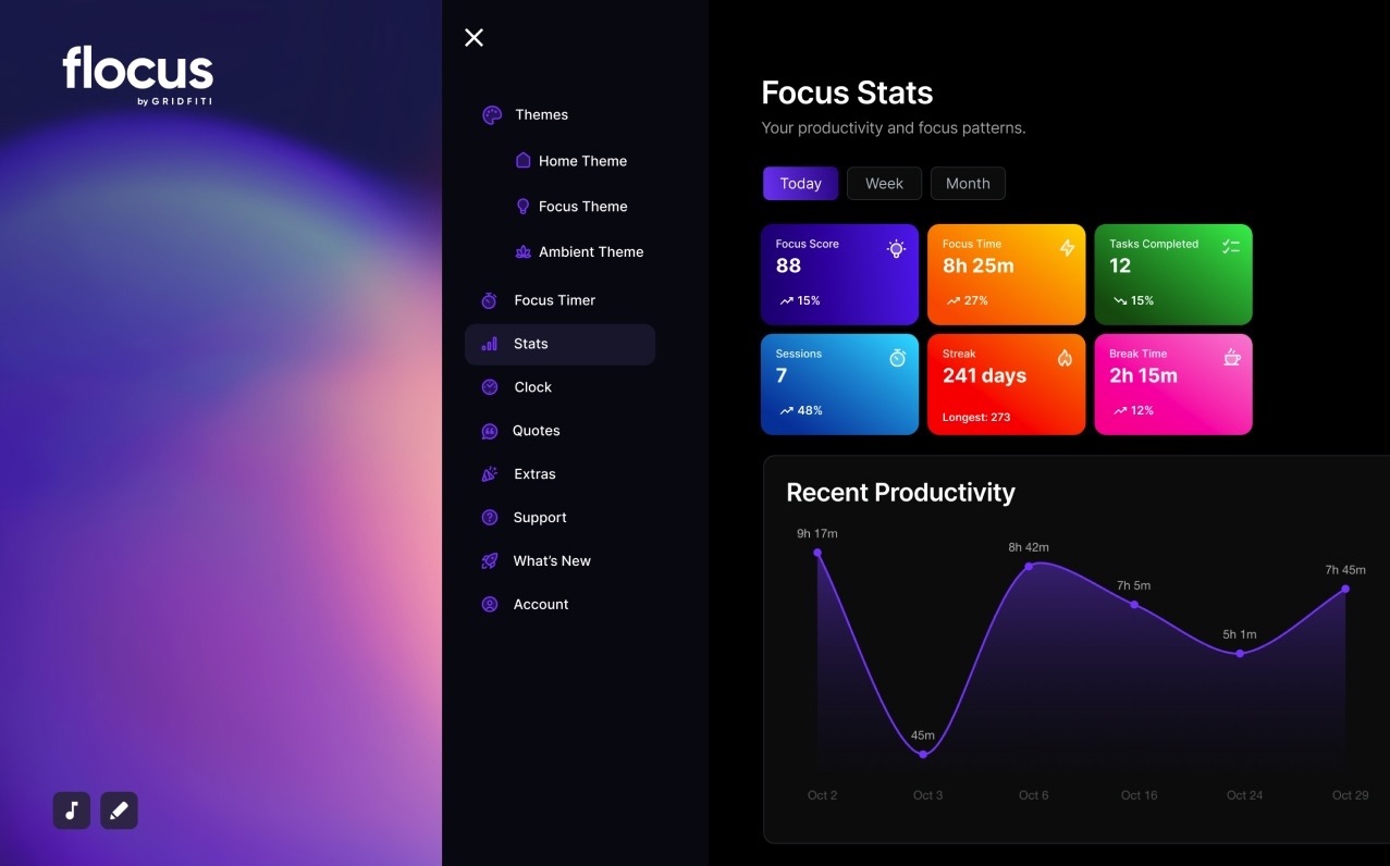 Screenshot of the Flocus dashboard in Timer mode, with the abstract lens flare background