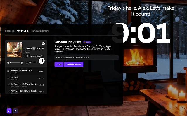 Screenshot of the Flocus dashboard in Timer mode, with the abstract lens flare background