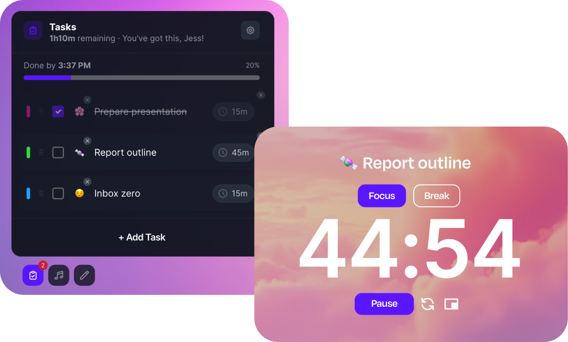 Screenshots of the task timer and task list in Flocus