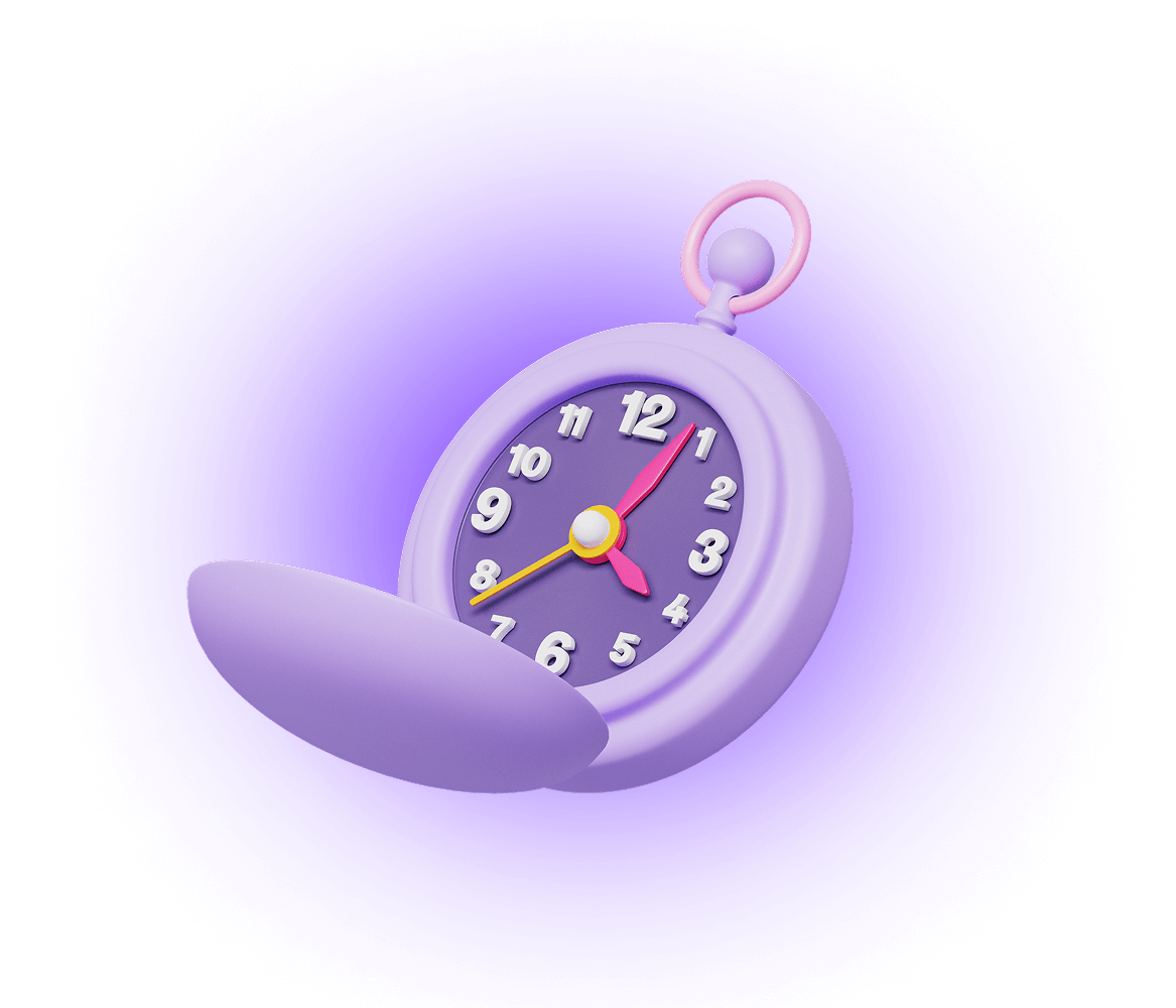 A decorative stopwatch on a black background with purple glow behind it