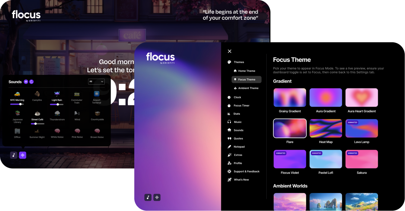 2 images from the Flocus Dashboard showing soundscape settings and theme selection