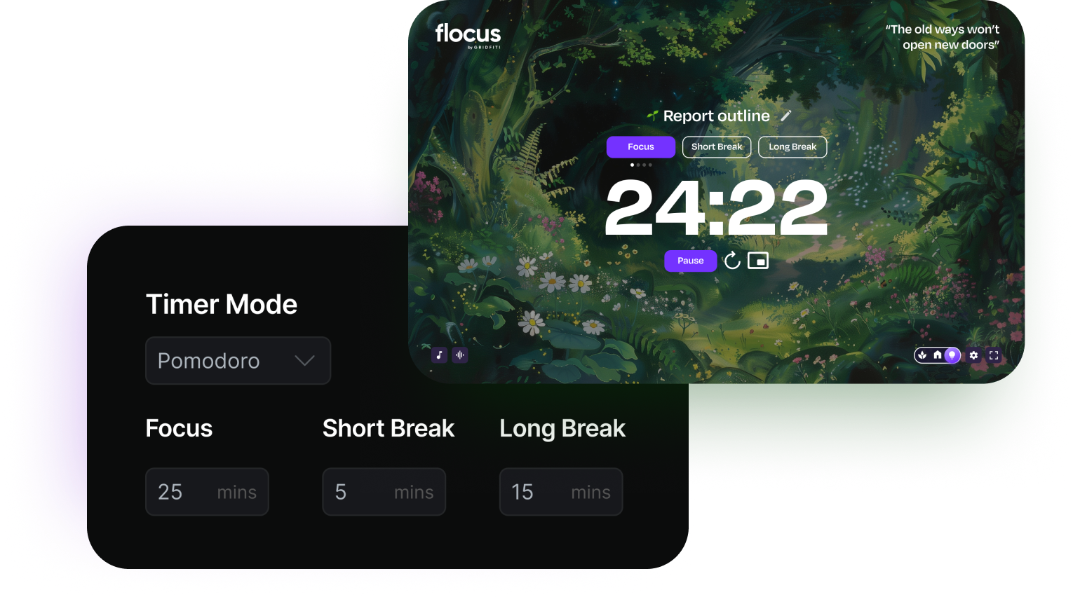 2 images from the Flocus Dashboard showing the timer and settings