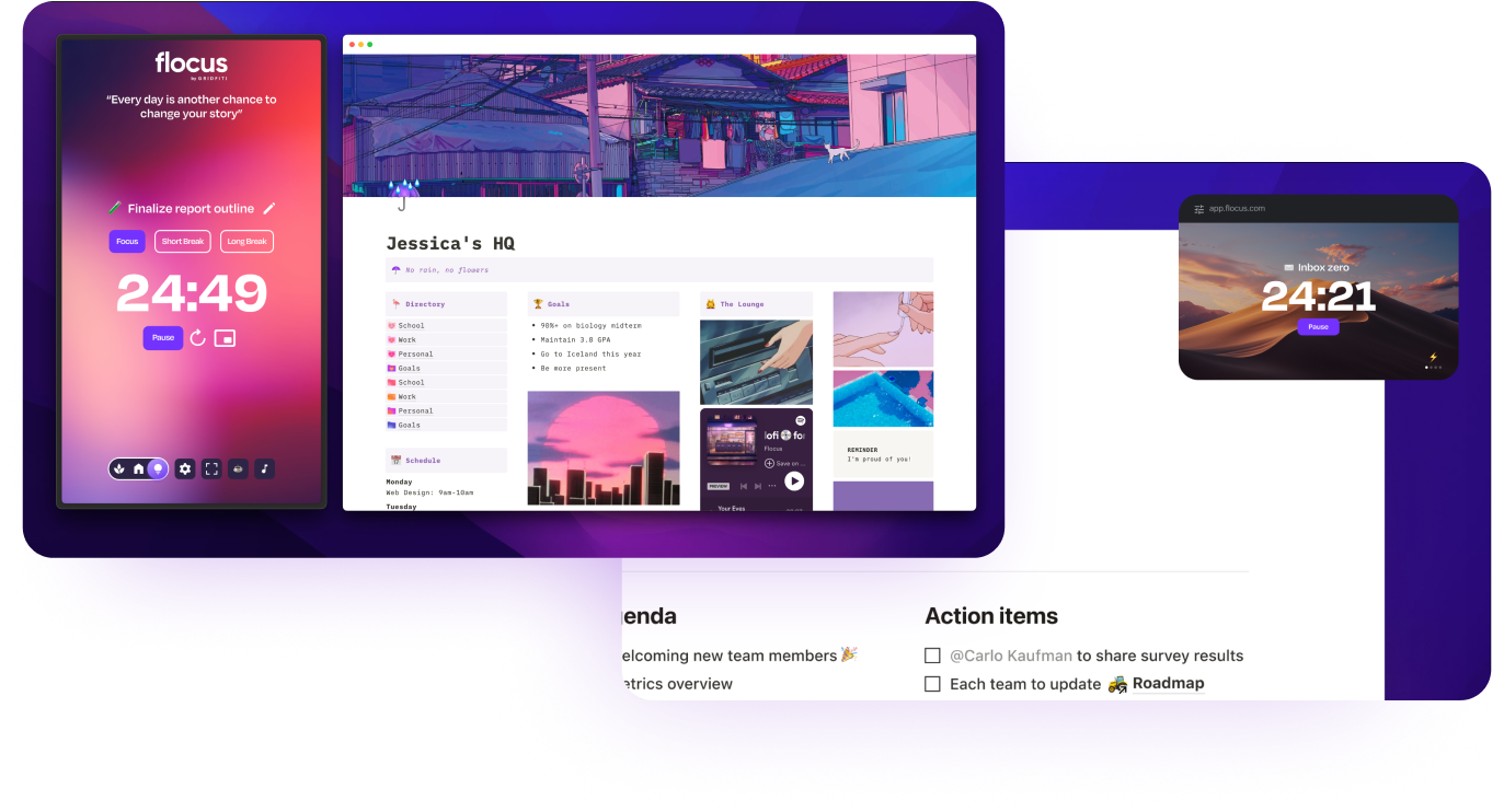 Screenshots showing the Flocus timer in picture-in-picture mode