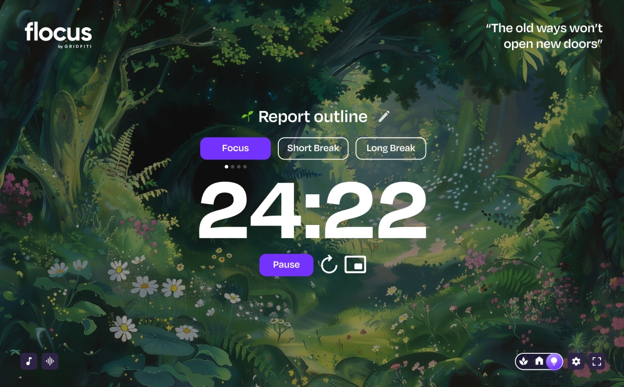 Screenshot of the Flocus dashboard in Timer mode, with a green forest background