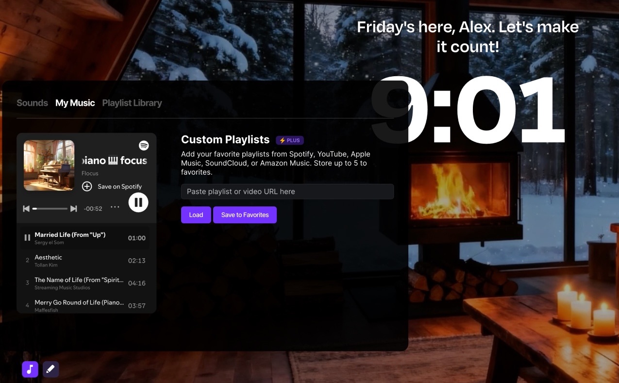 Screenshot of the Flocus dashboard with music player