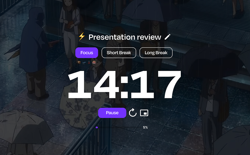 Screenshot of the Flocus dashboard in Timer mode, with the abstract lens flare background