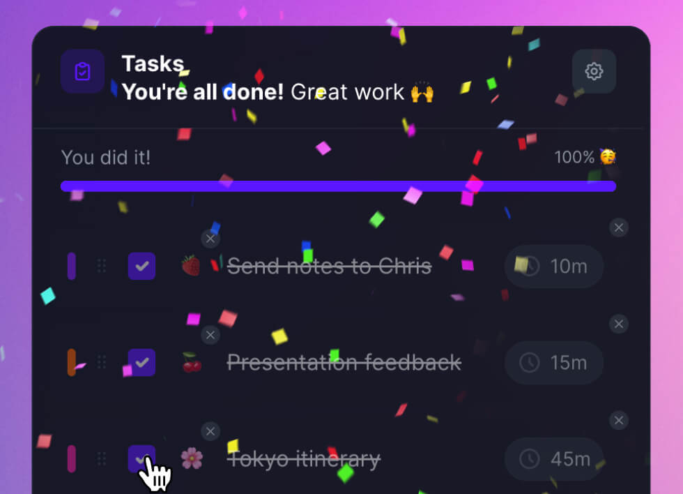 Flocus Tasks widget with confetti celebrating a completed list