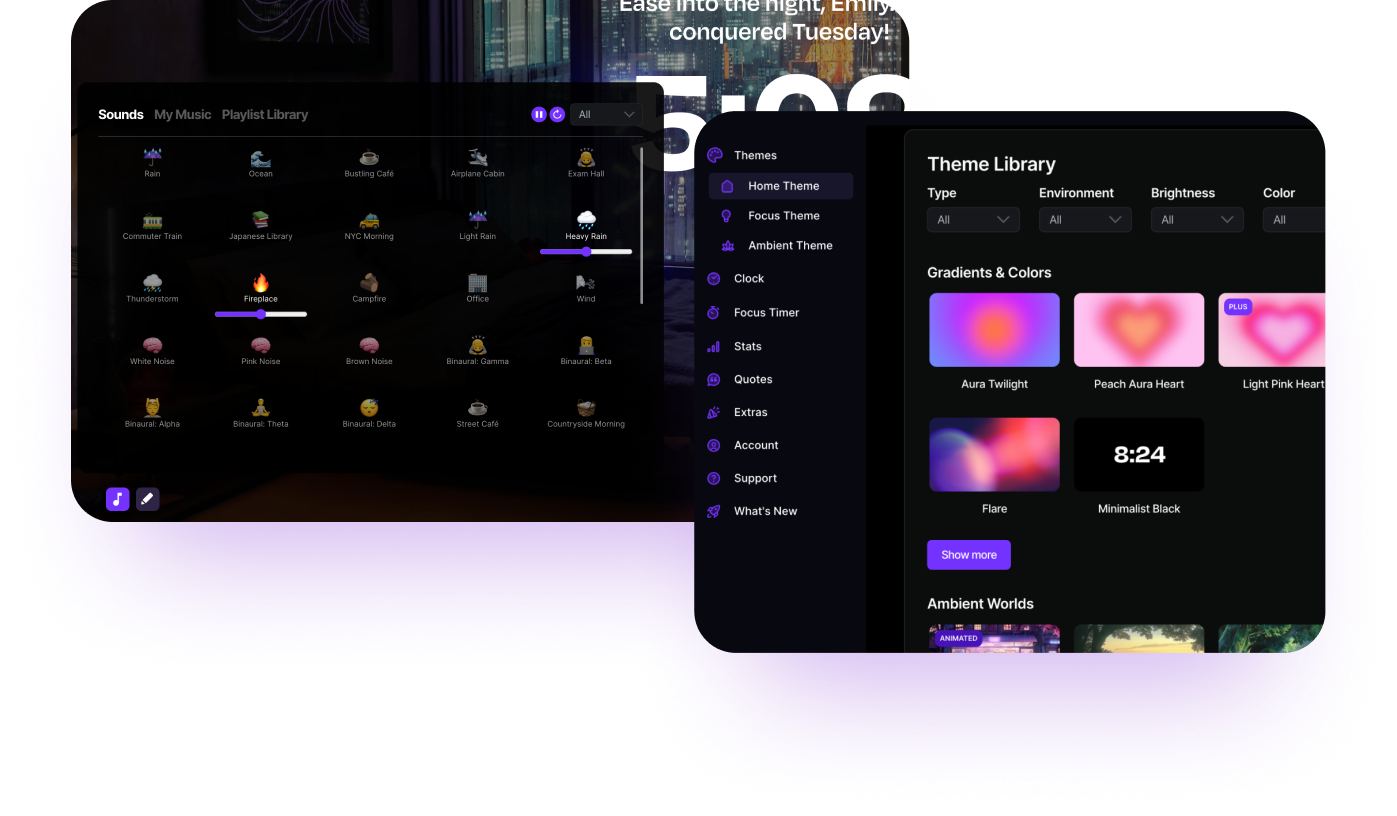 2 images from the Flocus Dashboard showing soundscape settings and theme selection