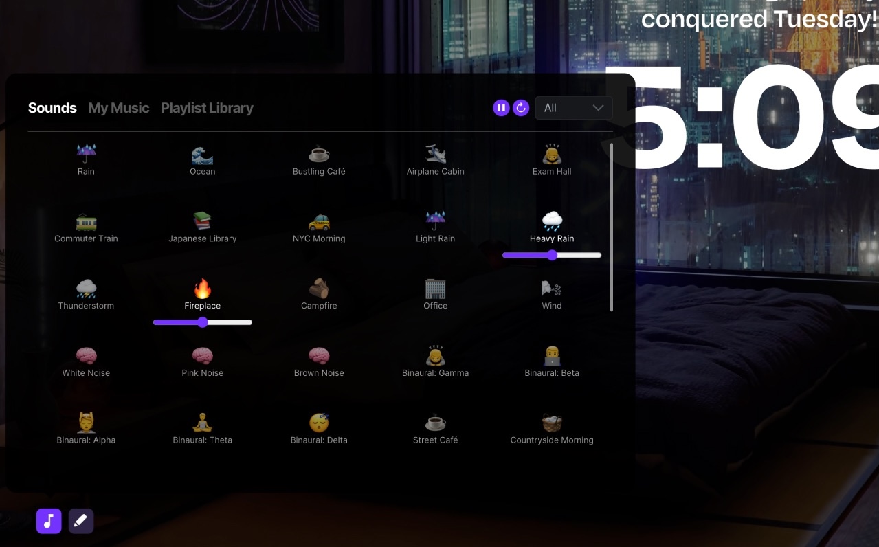 Screenshot of the Flocus dashboard in Timer mode, with the abstract lens flare background