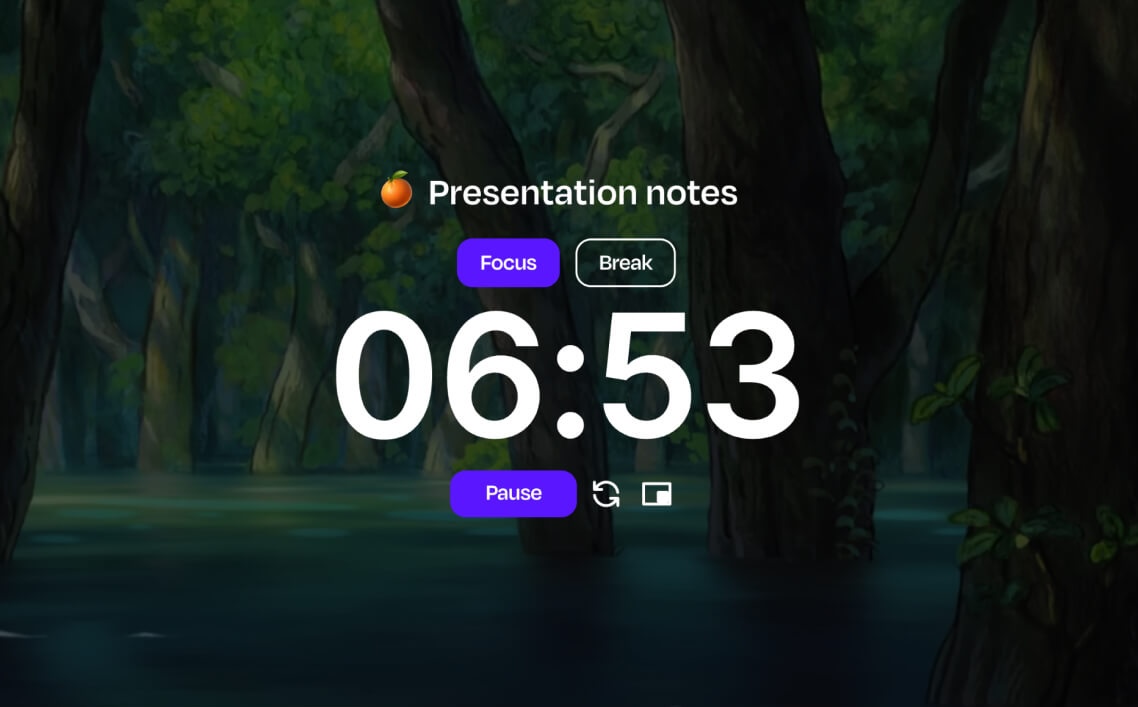 The Flocus dashboard showing the current task 'Update team on changes' front and center with a 14:55 focus timer