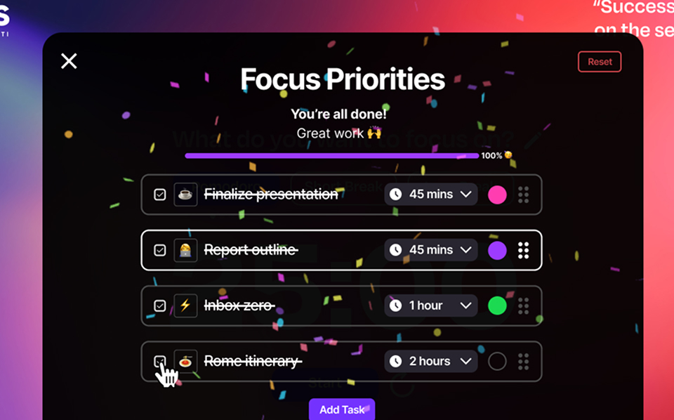 Screenshot of the Flocus dashboard in Timer mode, with the abstract lens flare background