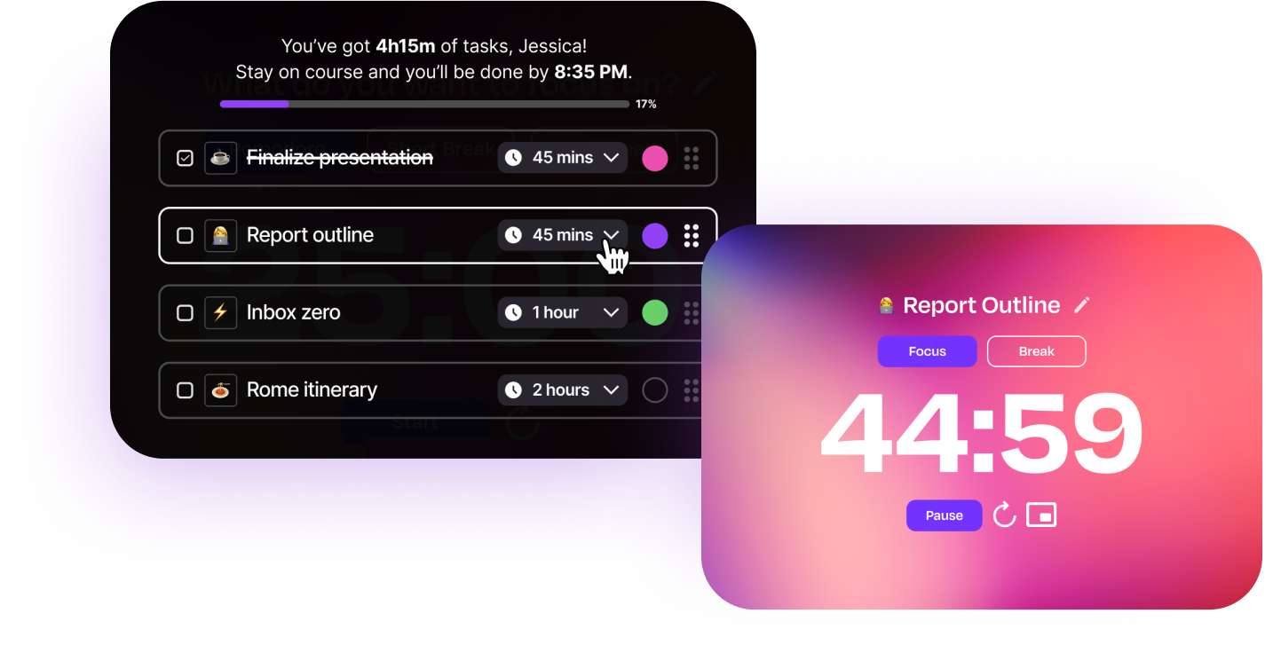 Screenshots of the task timer and task list in Flocus