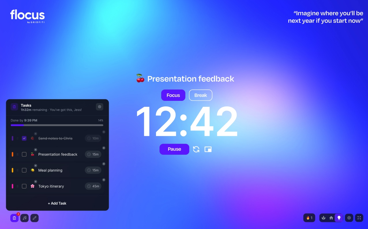 Screenshot of the Flocus dashboard in Timer mode, with the abstract lens flare background