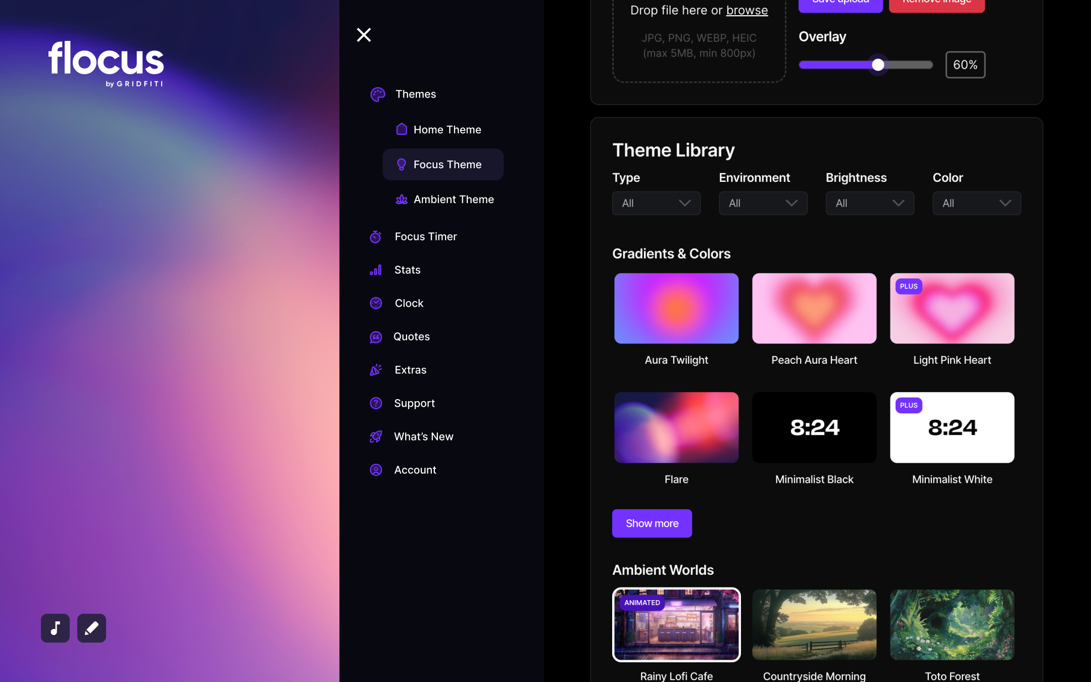 A grid of themes to select from in the Focus Dashboard settings.