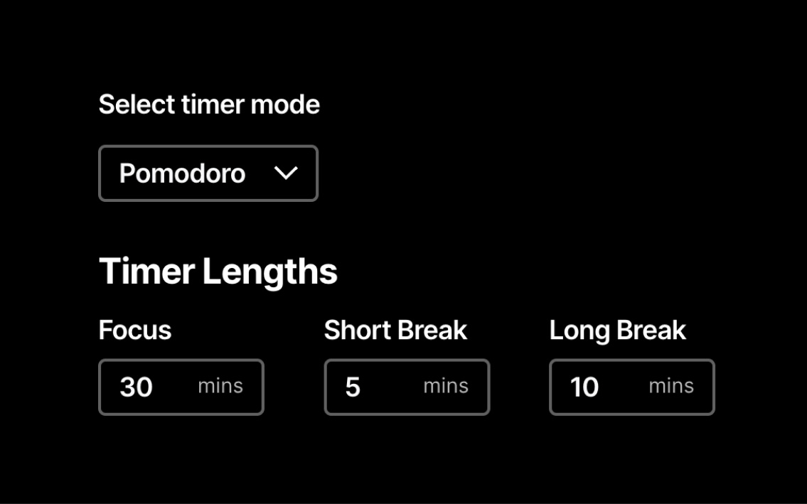 Flocus Dashboard settings panel showing timer mode and Focus, Short Break, and Long Break lengths