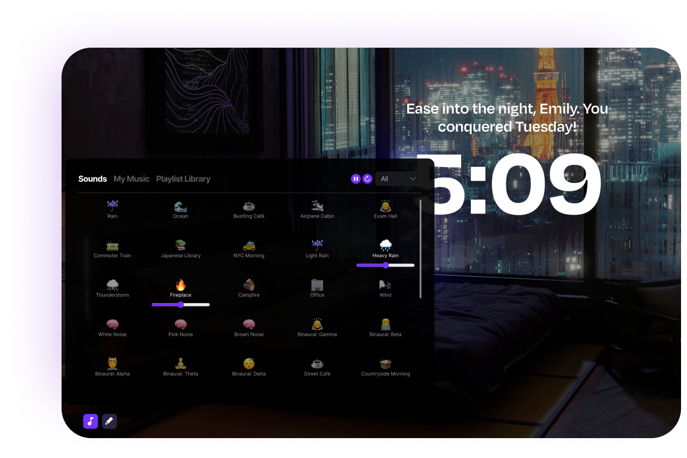2 images from the Flocus Dashboard showing soundscape settings and theme selection