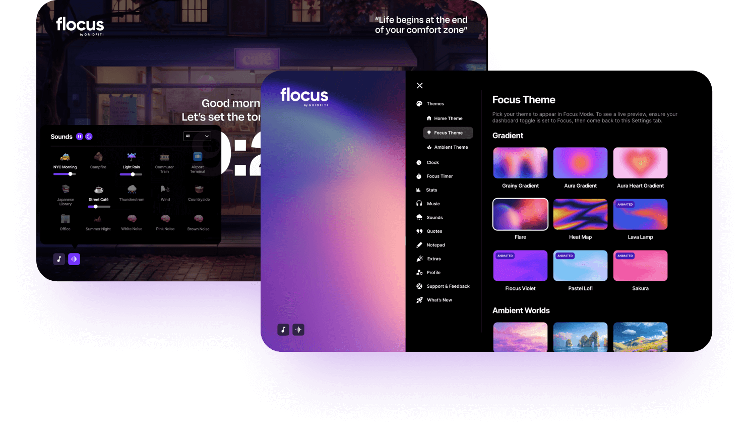 2 images from the Flocus Dashboard showing soundscape settings and theme selection
