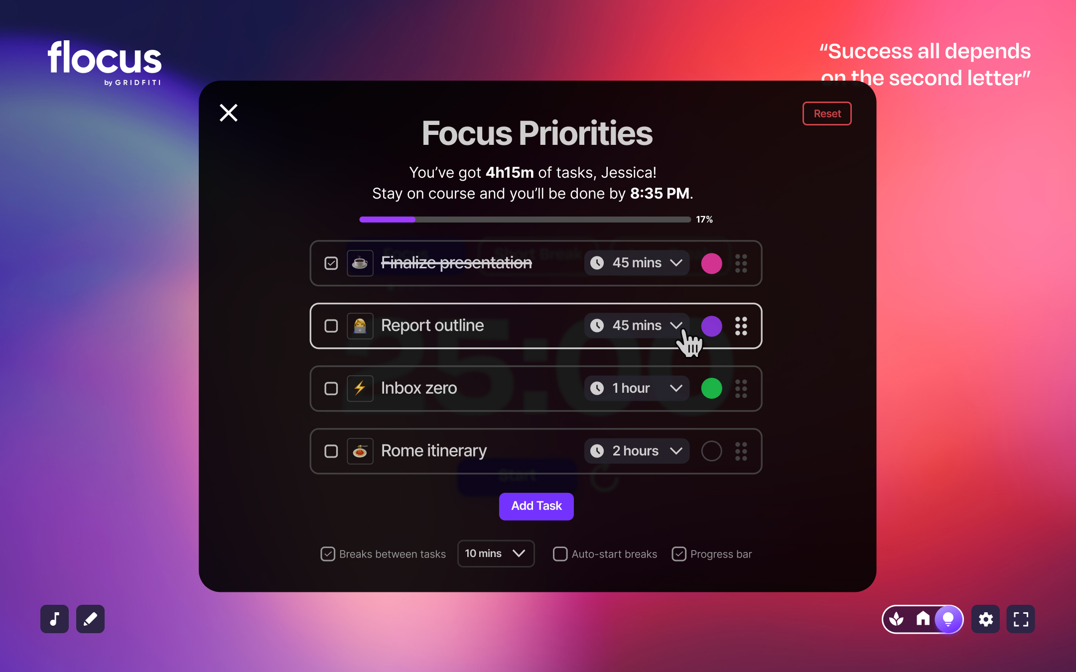Focus Priorities displayed, with drag and drop options highlighted