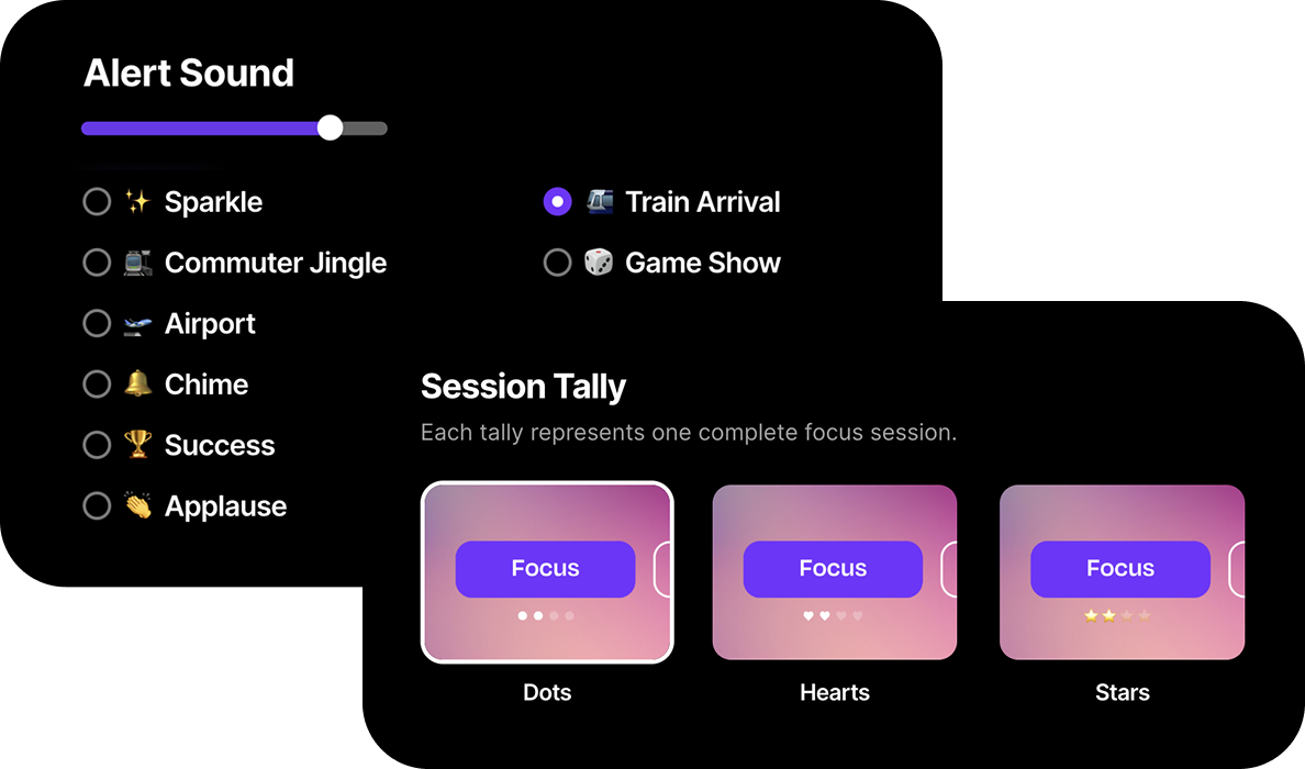 Settings from the Flocus Dashboard showing timer alert sounds and display options