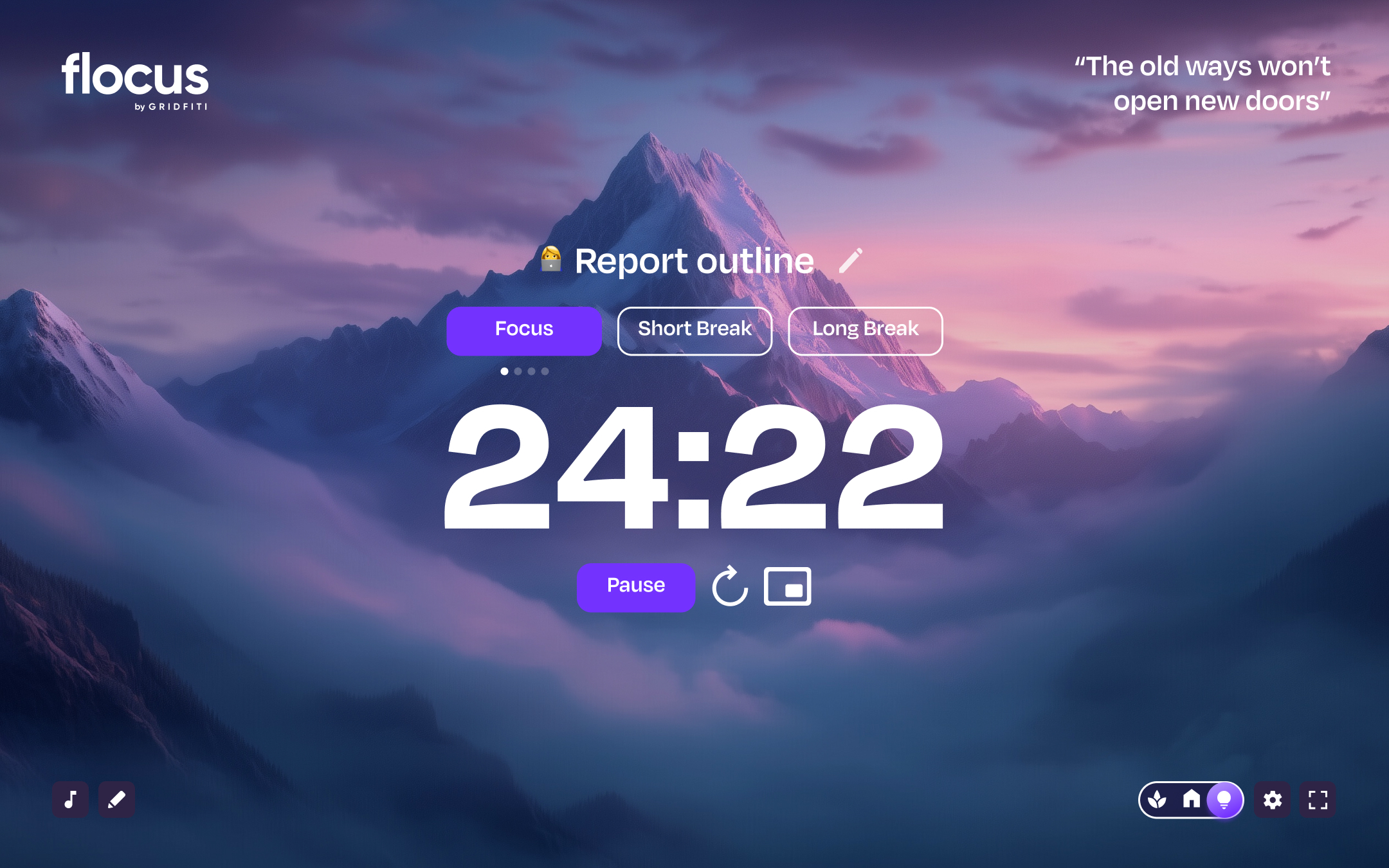 Focus stats dashboard, tasks and focus time broken down in to categories, with a historical graph below.