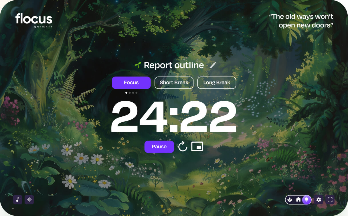 Screenshot of the Flocus dashboard in Timer mode, with a green forest background