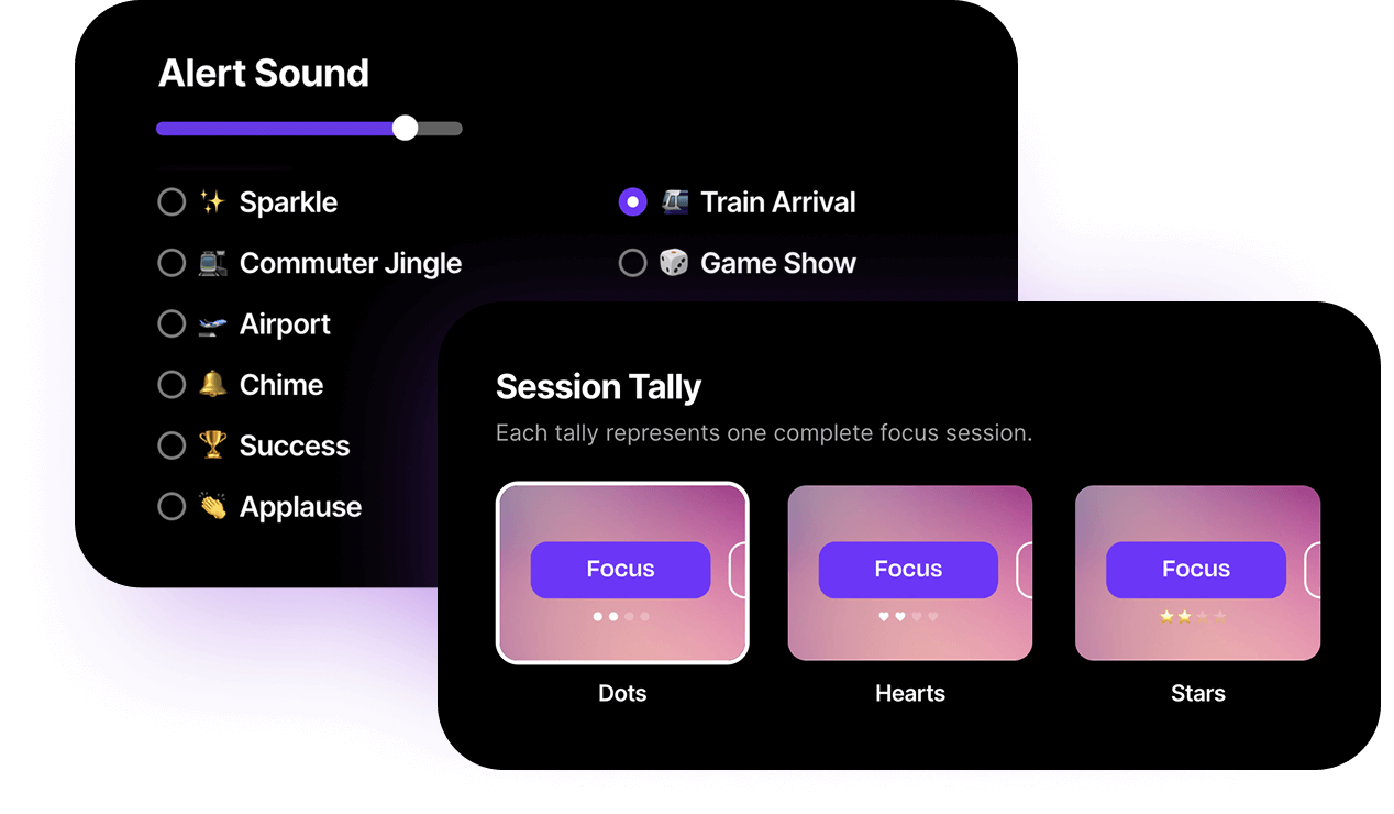 Settings from the Flocus Dashboard showing timer alert sounds and display options