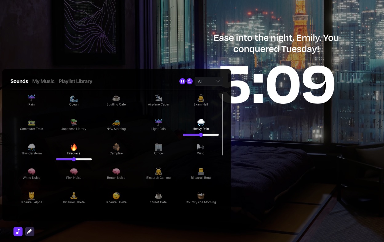2 images from the Flocus Dashboard showing soundscape settings and theme selection